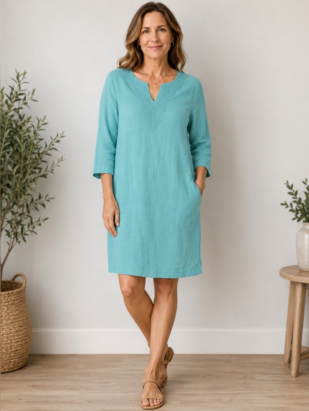 J.Jill cotton v neck gauze look 3/4 length sleeve Tunic Dress size small